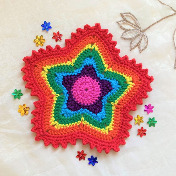 Modèle au crochet avec étoiles arc-en-ciel/fichier PDF avec tutoriel photo étape par étape/tasse au crochet, napperon pour décoration intérieure/sous-verre arc-en-ciel au crochet