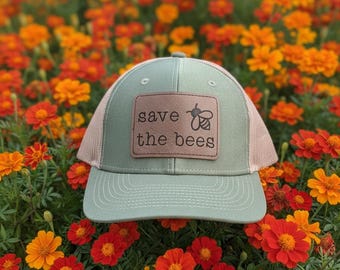 Gorra de camionero Save The Bees: parche de cuero vegano y abeja grabada a láser
