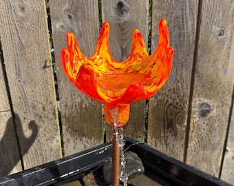 Outdoor fountain, water spitter, orange, yellow, Father and Son Glass