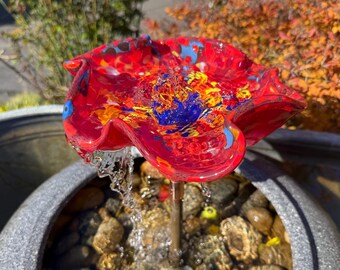 Outdoor fountain, garden decor, red, blue, yellow, Father and Son Glass