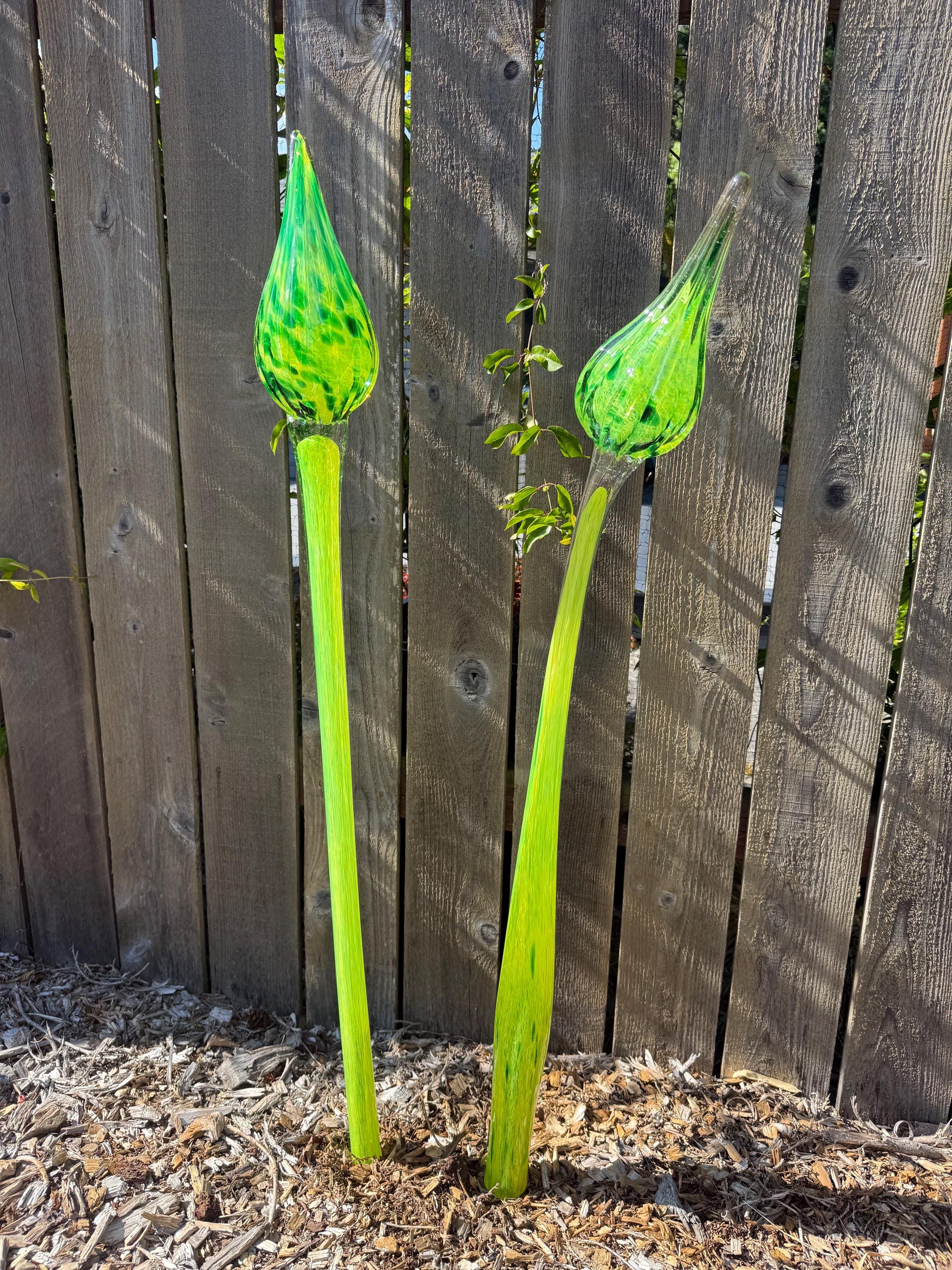 42 inches tall, glass flower bud, garden glass, glass yard art, set of two, Father and Son Glass