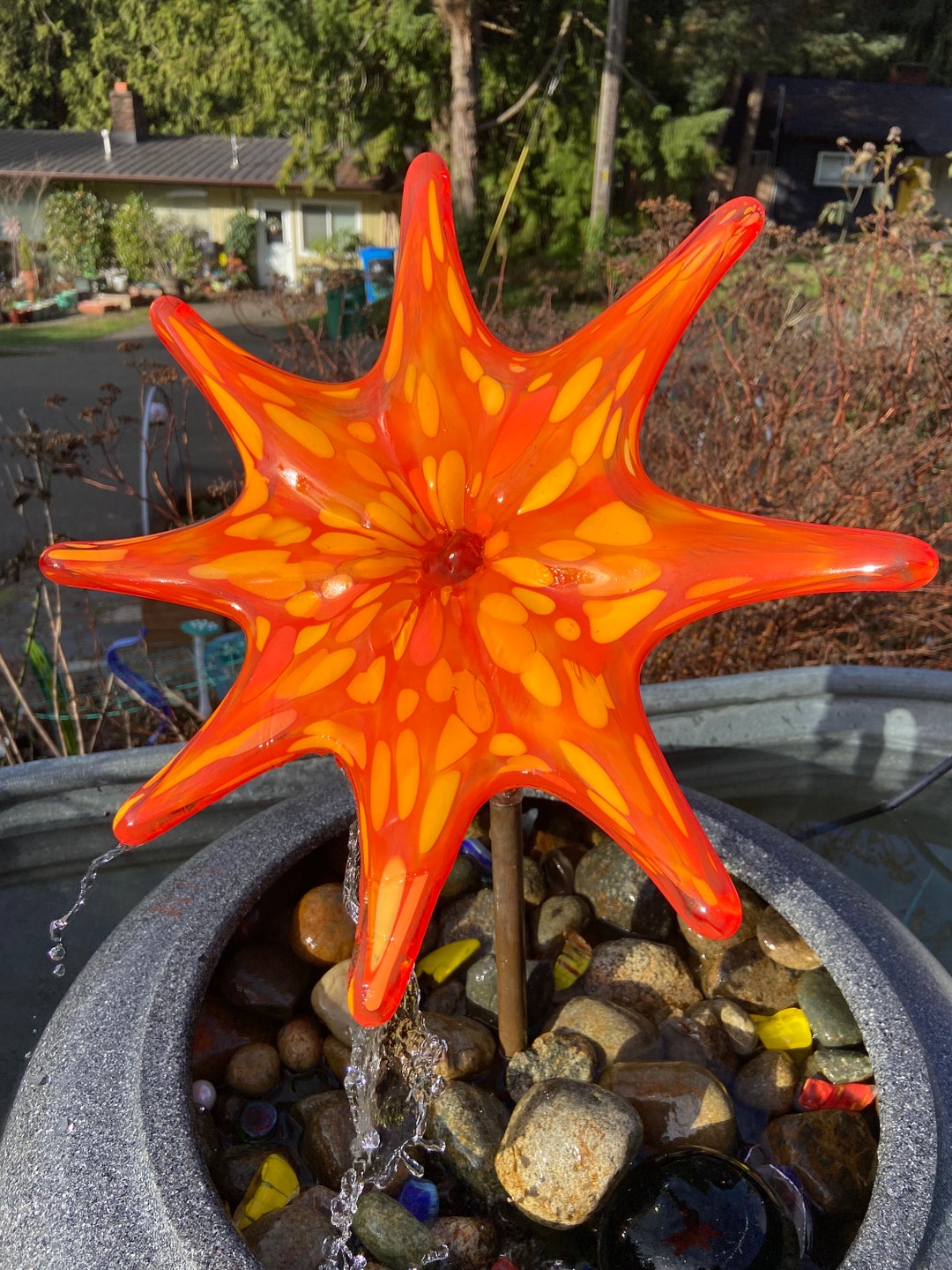 Outdoor Fountain Glass Garden Art Glass Flower Water Spitter Etsy