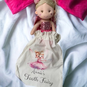 Personalisierte Zahnfee Stoffpuppe mit Leinen Tasche (25cms)