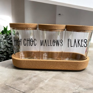 Hot Chocolate Station on a cork tray  Jars Glass and Bamboo Lid