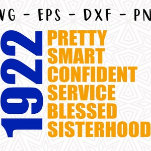 Può includere: Un design digitale che presenta l'anno 1922 in blu e le parole "Pretty, Smart, Confident, Service, Blessed, Sisterhood" in arancione.