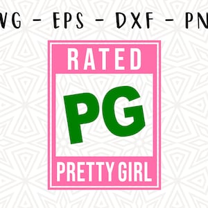 Może przedstawiać: Różowy kwadrat z białą ramką i tekstem "Rated PG Pretty Girl" w białych literach. Wewnątrz kwadratu znajduje się zielone "PG" w białym kwadracie.