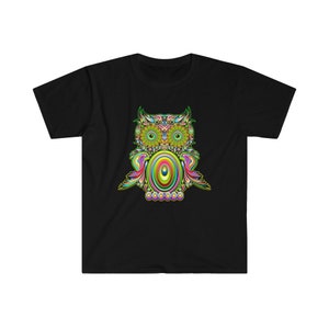 May include: A black t-shirt with a colorful psychedelic owl design. The owl has green eyes, a pink beak, and a multi-colored body with intricate patterns.