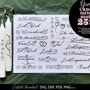 May include: Three white candles with black script and heart designs are next to a sheet of paper with German phrases and heart motifs. A black circle displays the text "German Candle tattoos motifs 25 designs bundle."
