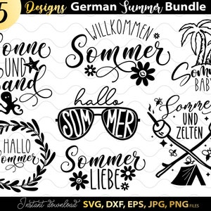 Könnte beinhalten: Eine Sammlung von 15 Sommerdesigns in Schwarz und Weiß. Die Designs enthalten deutsche Sätze wie "Sonne und Sand" und "Hallo Sommer", zusammen mit Illustrationen von Sonnenbrillen, Palmen und Marshmallows. Der Text "German Summer Bundle" steht oben.