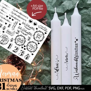 Das komplette Weihnachts-Design-Bundle mit 21 einzigartigen deutschen Sprüchen und Motiven. Enthalten sind Adventszahlen, Schriftzüge wie „Frohe Weihnachten“, „Stille Nacht“, „Adventszeit“ und viele weitere festliche Dekorelemente. Dieses Set eignet sich für vielfältige kreative Anwendungen – von Kerzen über Karten bis hin zu Textilien und Geschenken. Ideal für DIY-Fans, die ihre Weihnachtsprojekte individuell und liebevoll gestalten möchten.