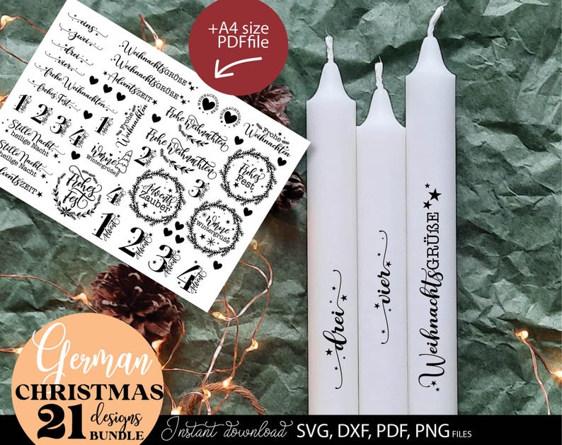 Das komplette Weihnachts-Design-Bundle mit 21 einzigartigen deutschen Sprüchen und Motiven. Enthalten sind Adventszahlen, Schriftzüge wie „Frohe Weihnachten“, „Stille Nacht“, „Adventszeit“ und viele weitere festliche Dekorelemente. Dieses Set eignet sich für vielfältige kreative Anwendungen – von Kerzen über Karten bis hin zu Textilien und Geschenken. Ideal für DIY-Fans, die ihre Weihnachtsprojekte individuell und liebevoll gestalten möchten.