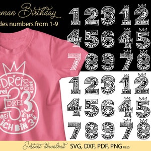 German kids birthday SVG bundle featuring numbers 1 to 9 with phrases like Ich bin 1, Ich bin 2, Ich bin 3 up to Ich bin 9 in decorative typography styles. Includes playful number designs filled with words and crown elements for children birthday themes. Perfect for kids birthday shirts, party outfits, custom clothing, mugs and DIY Cricut or Silhouette projects to create personalized birthday gifts and celebration designs for toddlers and young children.