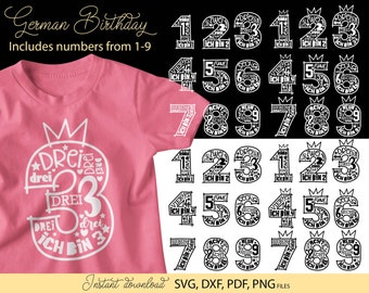 German Birthday Numbers SVG Bundle: Kids Party Clipart, Digital Download