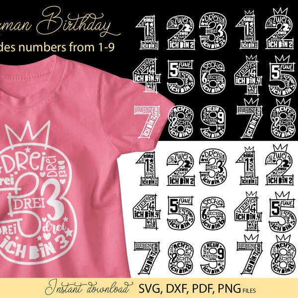 German Kind Geburtstag Numbers Plotter File Bundle Svg Png Dxf | German kids Birthday numbers bundle plotter file | Geburtstagskind Clipart