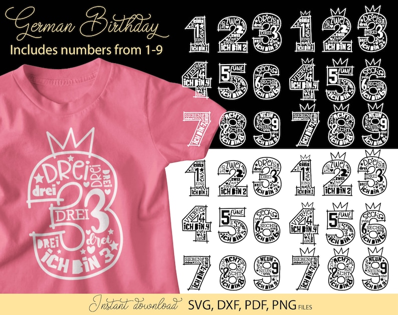 German kids birthday SVG bundle featuring numbers 1 to 9 with phrases like Ich bin 1, Ich bin 2, Ich bin 3 up to Ich bin 9 in decorative typography styles. Includes playful number designs filled with words and crown elements for children birthday themes. Perfect for kids birthday shirts, party outfits, custom clothing, mugs and DIY Cricut or Silhouette projects to create personalized birthday gifts and celebration designs for toddlers and young children.