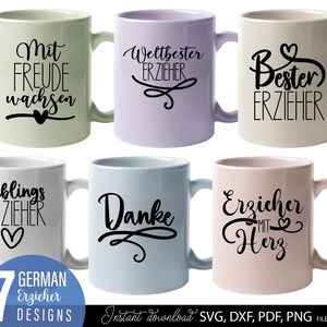 Erzieher SVG Bundle mit liebevollen deutschen Sprüchen wie „Bester Erzieher“, „Erzieher mit Herz“ und „Mit Freude wachsen“. Elegante und moderne Schriftzüge mit Herz-Elementen, ideal als Dankeschön für Erzieher im Kindergarten oder in der Kita. Perfekt geeignet für DIY Projekte wie Tassen, Shirts oder personalisierte Geschenke für Abschied, Weihnachten oder Wertschätzung im pädagogischen Bereich.