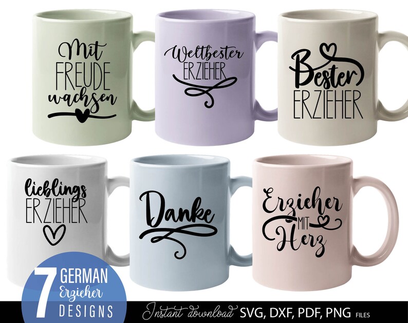 Erzieher SVG Bundle mit liebevollen deutschen Sprüchen wie „Bester Erzieher“, „Erzieher mit Herz“ und „Mit Freude wachsen“. Elegante und moderne Schriftzüge mit Herz-Elementen, ideal als Dankeschön für Erzieher im Kindergarten oder in der Kita. Perfekt geeignet für DIY Projekte wie Tassen, Shirts oder personalisierte Geschenke für Abschied, Weihnachten oder Wertschätzung im pädagogischen Bereich.