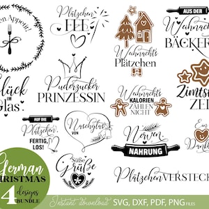 May include: A collection of 14 German Christmas designs in black and brown, including phrases like "Guten Appetit" and "Zimtstern Zeit." The designs are available for instant download in SVG, DXF, PDF, and PNG file formats.