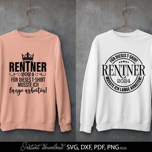 Rentner SVG Bundle mit 11 humorvollen deutschen Sprüchen und Designs rund um Rente und Ruhestand. Enthält Motive wie Endlich Rentner 2024, Ich bin in Rente, Rentner musste lange arbeiten sowie kreative Typografie mit Krone, Herz und Sonnenbrille. Modernes schwarz weiß Design eignet sich perfekt für T-Shirts, Tassen, Geschenke und DIY Projekte zum Ruhestand. Ideal für Plotter Dateien zur Gestaltung persönlicher Rentner Geschenke und witziger Dekoration.
