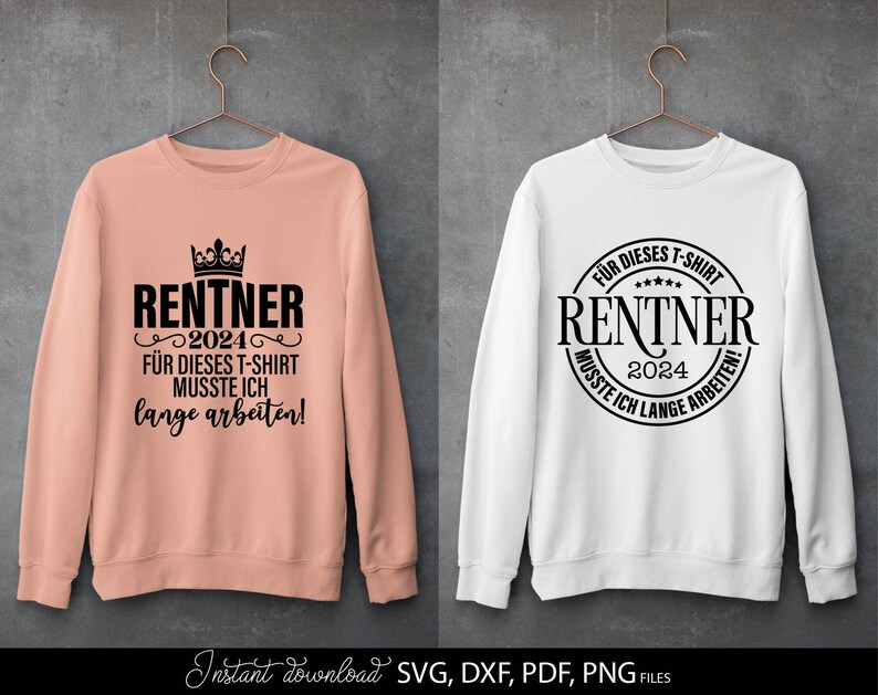Rentner SVG Bundle mit 11 humorvollen deutschen Sprüchen und Designs rund um Rente und Ruhestand. Enthält Motive wie Endlich Rentner 2024, Ich bin in Rente, Rentner musste lange arbeiten sowie kreative Typografie mit Krone, Herz und Sonnenbrille. Modernes schwarz weiß Design eignet sich perfekt für T-Shirts, Tassen, Geschenke und DIY Projekte zum Ruhestand. Ideal für Plotter Dateien zur Gestaltung persönlicher Rentner Geschenke und witziger Dekoration.