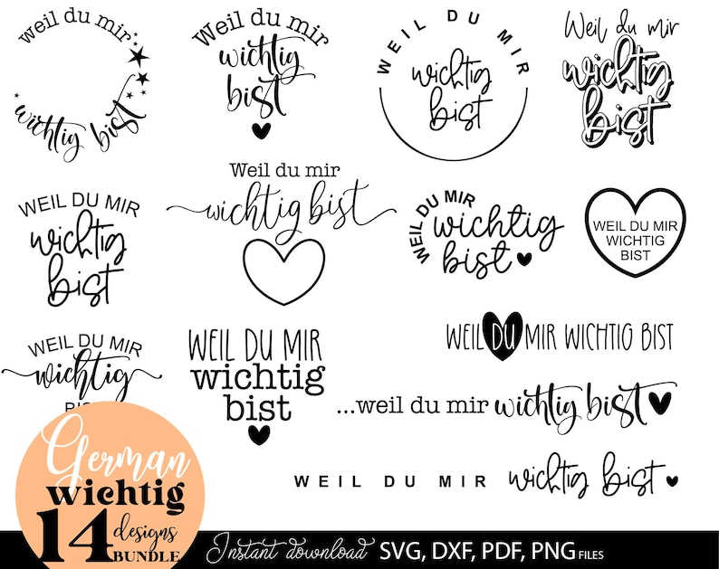 Set aus liebevollen deutschen Schriftzügen mit dem Spruch „Weil du mir wichtig bist“ in verschiedenen stilvollen Varianten. Moderne handgeschriebene Typografie kombiniert mit Herzen, Kreisen und dekorativen Elementen im minimalistischen Schwarz-Weiß Design. Die Motive wirken emotional, warm und persönlich. Perfekt geeignet für DIY Projekte wie Geschenkideen, Tassen, Karten, Poster oder Wanddeko. Ideal, um Wertschätzung, Liebe und besondere Gefühle kreativ auszudrücken.