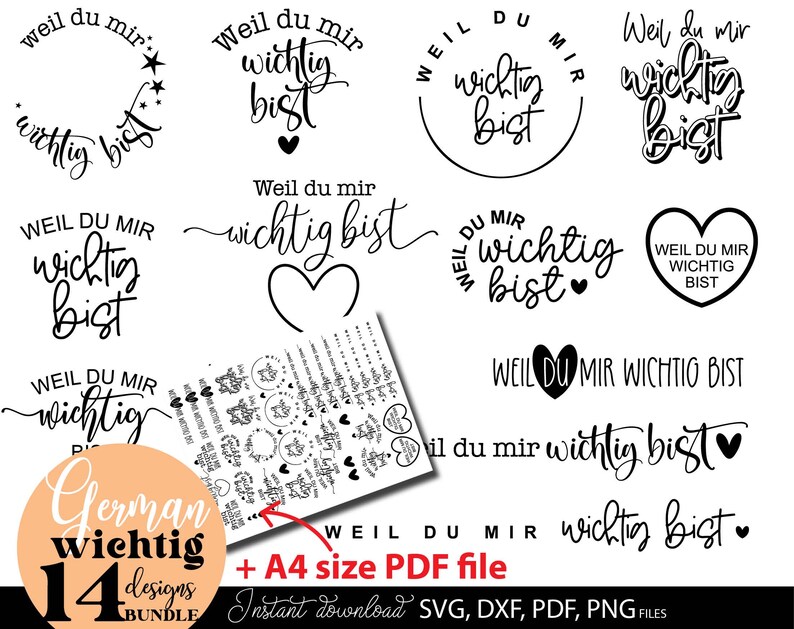 Set aus liebevollen deutschen Schriftzügen mit dem Spruch „Weil du mir wichtig bist“ in verschiedenen stilvollen Varianten. Moderne handgeschriebene Typografie kombiniert mit Herzen, Kreisen und dekorativen Elementen im minimalistischen Schwarz-Weiß Design. Die Motive wirken emotional, warm und persönlich. Perfekt geeignet für DIY Projekte wie Geschenkideen, Tassen, Karten, Poster oder Wanddeko. Ideal, um Wertschätzung, Liebe und besondere Gefühle kreativ auszudrücken.