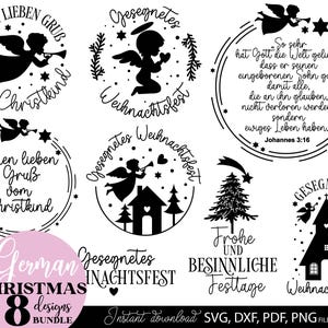 Op de afbeelding: Een set van acht zwart-witte Duitse kerstontwerpen met verschillende zinnen en afbeeldingen, waaronder een kerstboom, een kerk, een ster en een engel. De ontwerpen zijn perfect voor het maken van feestelijke knutselwerken, kaarten en decoraties.