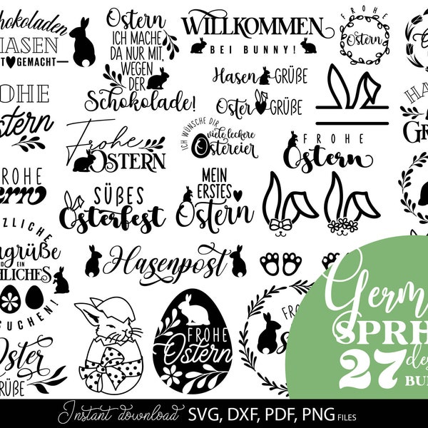 Duitse Ostern Plotterbestand SVG DXF PNG | Lente Bunny Chick hart botanische krans | Cricut silhouet downloaden plotbundel Ostern