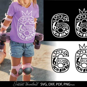 German kids birthday SVG bundle featuring numbers 1 to 9 with phrases like Ich bin 1, Ich bin 2, Ich bin 3 up to Ich bin 9 in decorative typography styles. Includes playful number designs filled with words and crown elements for children birthday themes. Perfect for kids birthday shirts, party outfits, custom clothing, mugs and DIY Cricut or Silhouette projects to create personalized birthday gifts and celebration designs for toddlers and young children.