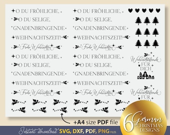 Könnte beinhalten: Ein digitaler Download von sechs deutschen Weihnachtsdesigns. Die Designs beinhalten Text in deutscher Sprache, wie "O du fröhliche" und "Frohe Weihnachten", sowie Bilder von Engeln, Sternen, Weihnachtsbäumen und einem Weihnachtsdorf.