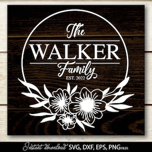 Runder Familienschild Rahmen SVG Png Floral Split Familienname Monogramm SVG Nachname Monogramm svg rustikales Bauernhaus Willkommensschild svg png dxf eps