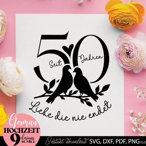 German Hochzeit plotterdatei Porzellanhochzeit Silberhochzeit Perlenhochzeit Svg Rubinhochzeit Goldene Hochzeit Diamanten Hochzeit Svg Png Dxf Png files included. Compatible with Cricut, Silhouette, Glowforge, sublimation, laser cut machines. Buy now