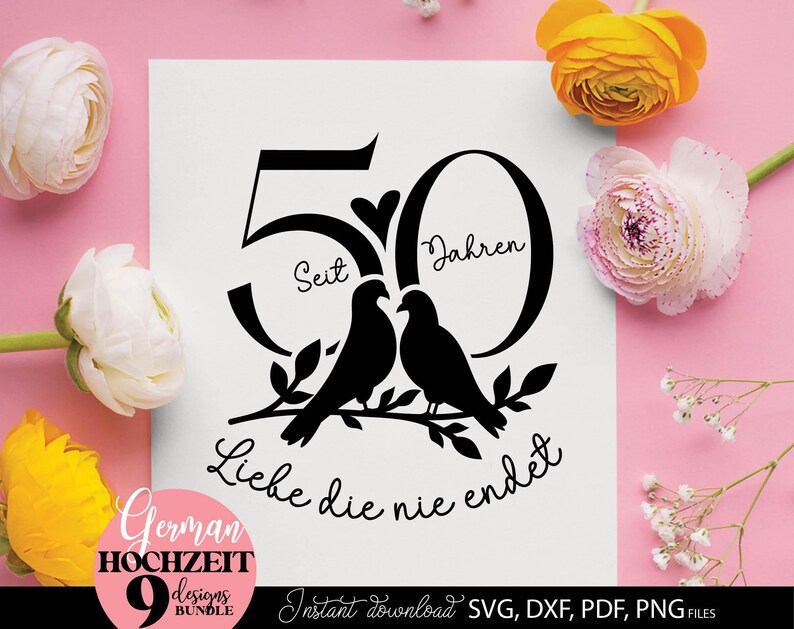 German Hochzeit plotterdatei Porzellanhochzeit Silberhochzeit Perlenhochzeit Svg Rubinhochzeit Goldene Hochzeit Diamanten Hochzeit Svg Png Dxf Png files included. Compatible with Cricut, Silhouette, Glowforge, sublimation, laser cut machines. Buy now