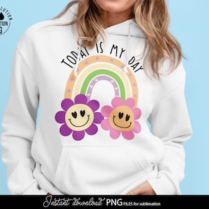 Today Is My Day Summer Boho-regenboogontwerp met grappige gezichten en regenboog voor je sublimatieprojecten | Boho bloemen regenbogen Clipart