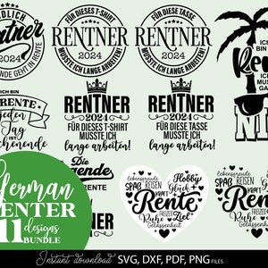 Deutsche Plotterdatei Rente and Rentner Sprüche designs bundle for Your Opa or Oma gift ideas. SVG DXF PDF PNG files included. Compatible with Cricut, Silhouette or other equipment. Cut from vinyl, use for sublimation or laser cut or grave projects!