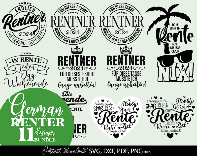 Deutsche Plotterdatei Rente and Rentner Sprüche designs bundle for Your Opa or Oma gift ideas. SVG DXF PDF PNG files included. Compatible with Cricut, Silhouette or other equipment. Cut from vinyl, use for sublimation or laser cut or grave projects!