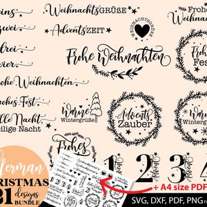 Ein festliches Weihnachts-Design-Bundle mit 21 liebevoll gestalteten deutschen Sprüchen und Motiven. Perfekt geeignet für Adventskerzen, Weihnachtskarten, Geschenkanhänger, Tassen oder Textilien. Die detailreichen Schriftzüge wie „Frohe Weihnachten“, „Stille Nacht“ und „Frohes Fest“ sind mit Sternen und Kränzen verziert und schaffen eine warme, festliche Atmosphäre. Ideal für kreative DIY-Projekte zur Adventszeit und für besondere Weihnachtsdekorationen.