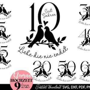 German Hochzeit plotterdatei Porzellanhochzeit Silberhochzeit Perlenhochzeit Svg Rubinhochzeit Goldene Hochzeit Diamanten Hochzeit Svg Png Dxf Png files included. Compatible with Cricut, Silhouette, Glowforge, sublimation, laser cut machines. Buy now