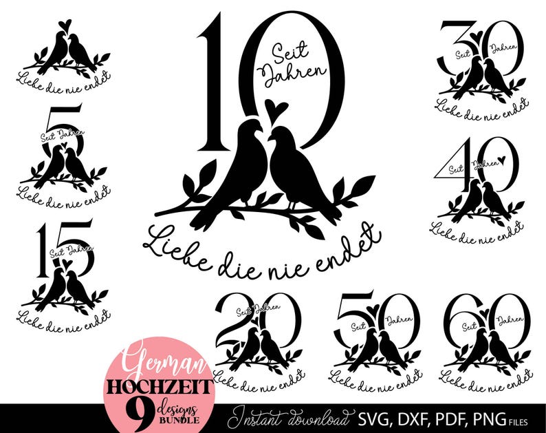 German Hochzeit plotterdatei Porzellanhochzeit Silberhochzeit Perlenhochzeit Svg Rubinhochzeit Goldene Hochzeit Diamanten Hochzeit Svg Png Dxf Png files included. Compatible with Cricut, Silhouette, Glowforge, sublimation, laser cut machines. Buy now