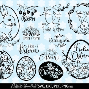 May include: A collection of black and white Easter-themed digital designs. Includes bunny silhouettes, floral egg shapes, and text elements such as "Frohe Ostern" and "Ostergrüße". The phrase "Instant download" is also present.