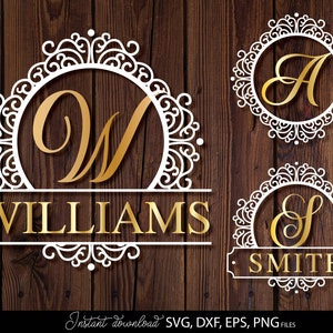 May include: Three circular monogram designs featuring white ornate filigree borders and gold metallic lettering. The designs display the letters W, A, and S, with the names WILLIAMS and SMITH printed in gold capital letters below the monograms.