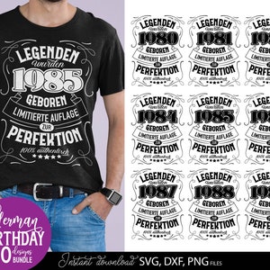 Vorschaubild eines personalisierten deutschen Geburtstag SVG Bundles mit Vintage Typografie Designs für Männer der Jahrgänge 1980 bis 1989. Die Motive enthalten auffällige deutsche Schriftzüge mit humorvollen Aussagen über limitierte Auflage und Perfektion. Links trägt ein Mann ein schwarzes T Shirt mit dem 1984 Design, rechts sind weitere Geburtstagsmotive dargestellt. Enthalten sind SVG, DXF und PNG Dateien für Cricut, Sublimation, personalisierte Geschenke, Shirts, Tassen und DIY Projekte.