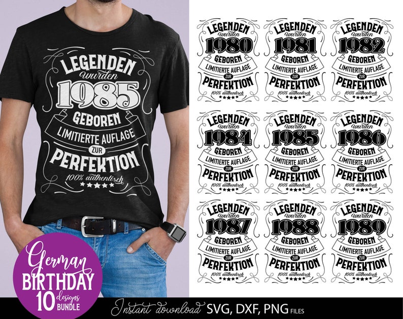 Vorschaubild eines personalisierten deutschen Geburtstag SVG Bundles mit Vintage Typografie Designs für Männer der Jahrgänge 1980 bis 1989. Die Motive enthalten auffällige deutsche Schriftzüge mit humorvollen Aussagen über limitierte Auflage und Perfektion. Links trägt ein Mann ein schwarzes T Shirt mit dem 1984 Design, rechts sind weitere Geburtstagsmotive dargestellt. Enthalten sind SVG, DXF und PNG Dateien für Cricut, Sublimation, personalisierte Geschenke, Shirts, Tassen und DIY Projekte.