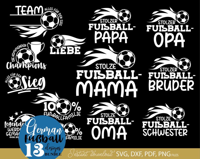 Fußball SVG Bundle mit deutschen Sprüchen für die ganze Familie wie „Stolzer Fußball Papa“, „Fußball Mama“, „Opa“, „Bruder“ und „Schwester“. Enthält sportliche Designs mit Fußball Motiven, Flammen, Pokalen und Team Sprüchen. Perfekt geeignet für DIY Projekte wie T-Shirts, Hoodies, Fan Kleidung oder Geschenke für Fußballfans, Familien und Vereinsmitglieder.