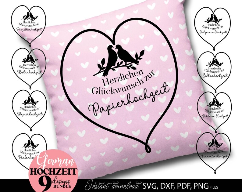 Set aus neun eleganten Herz Designs mit Vögel Motiv und Schriftzug „Herzlichen Glückwunsch zur Hochzeit“ für verschiedene Hochzeitsjubiläen wie Papierhochzeit, Silberhochzeit, Goldene Hochzeit, Diamanten Hochzeit und mehr. Die romantischen Motive eignen sich ideal für Geschenke, Karten, Kissen, Wanddeko und kreative DIY Projekte. Klare Linien, moderne Typografie und liebevolle Details machen diese Designs perfekt für Paare und besondere Jubiläumsanlässe im deutschsprachigen Raum.