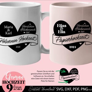 Set aus neun personalisierbaren Hochzeitsjubiläum Designs mit Herzmotiv und Schriftzug „Herzlichen Glückwunsch zur Hochzeit“. Enthält verschiedene Jubiläen wie Papierhochzeit, Silberhochzeit, Goldene Hochzeit, Diamanten Hochzeit, Rubinhochzeit und mehr. Modernes Design geeignet für Kissen, Poster, Geschenke und DIY Projekte. Die Vorlage bietet Platz für Namen und Datum und ist ideal als persönliches Geschenk für Paare im deutschsprachigen Raum.