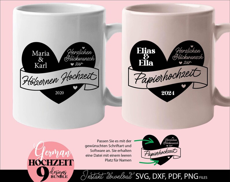 Set aus neun personalisierbaren Hochzeitsjubiläum Designs mit Herzmotiv und Schriftzug „Herzlichen Glückwunsch zur Hochzeit“. Enthält verschiedene Jubiläen wie Papierhochzeit, Silberhochzeit, Goldene Hochzeit, Diamanten Hochzeit, Rubinhochzeit und mehr. Modernes Design geeignet für Kissen, Poster, Geschenke und DIY Projekte. Die Vorlage bietet Platz für Namen und Datum und ist ideal als persönliches Geschenk für Paare im deutschsprachigen Raum.