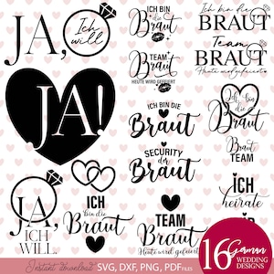 Puede incluir: Un conjunto de gráficos de boda en blanco y negro con frases alemanas como "Ja, Ich Will" e "Ich bin die Braut." Los diseños incluyen corazones, anillos y el texto "Team Braut." Un círculo rojo indica "16 German Wedding Designs."