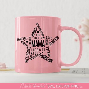 Typografisches Herz Design mit deutschen Worten rund um Mama wie beste Mama, liebevoll, Familie, Zuhörerin und Heldin. Das Motiv ist in Herzform gestaltet und eignet sich ideal für kreative Projekte wie T-Shirts, Geschenke zum Muttertag oder persönliche DIY Dekorationen. Die Kombination aus modernen Schriftarten und liebevollen Begriffen macht dieses Design perfekt, um Wertschätzung und Liebe zur Mutter stilvoll auszudrücken.