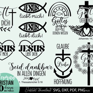 Könnte beinhalten: Eine Sammlung von zehn schwarz-weißen Designs mit christlichen Motiven. Die Designs umfassen Kreuze, Herzen, Fischsymbole und Text auf Deutsch. Die Wörter "Jesus", "Gott" und "Liebt Dich" sind sichtbar. Sofortiger Download verfügbar.